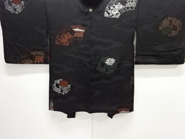 大正ロマン　地紙に屋敷・菊丸紋織り出し漆一つ紋羽織